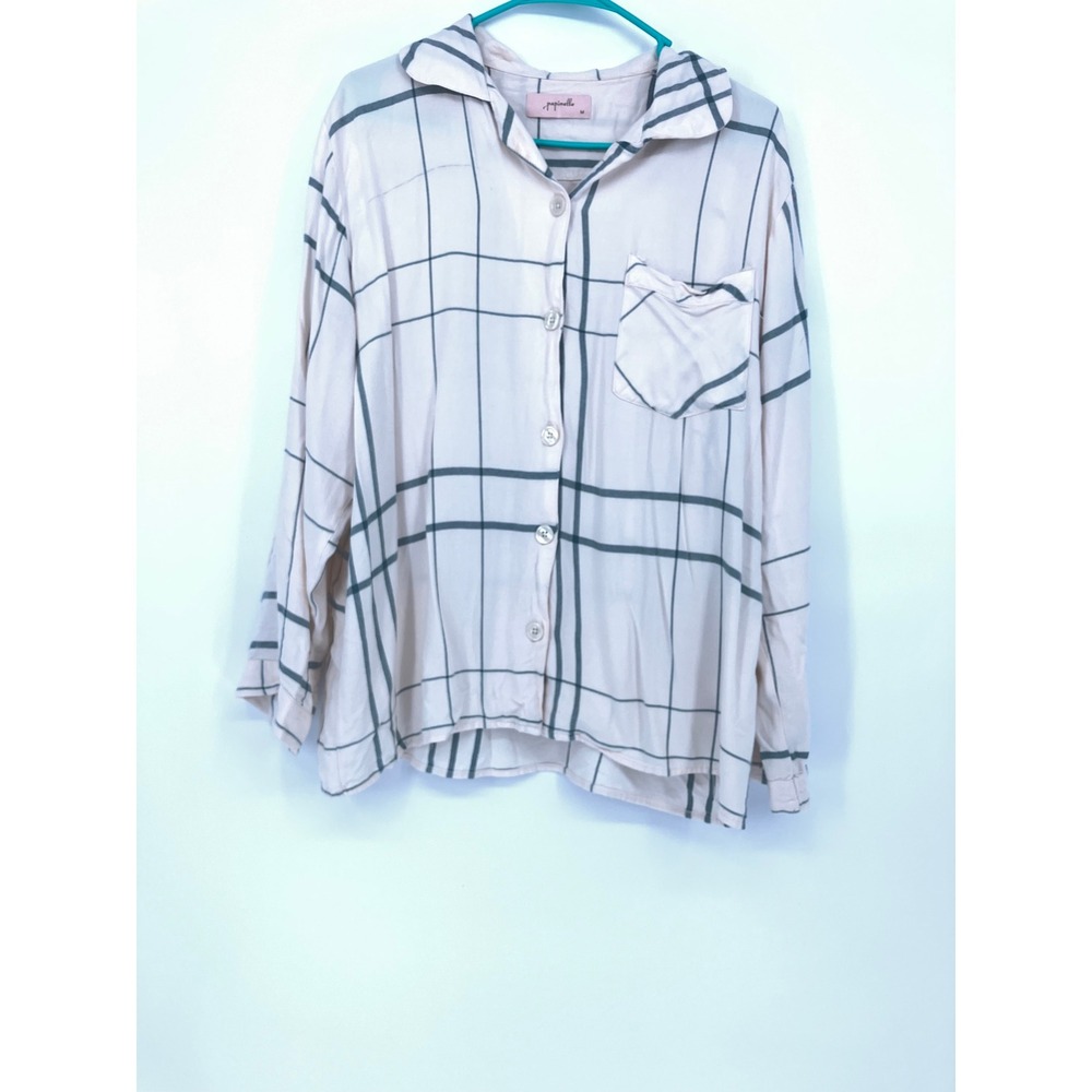 Papinelle Pajama Top Medium Cream Green Grid Plaid Button Down Sleep Shirt M